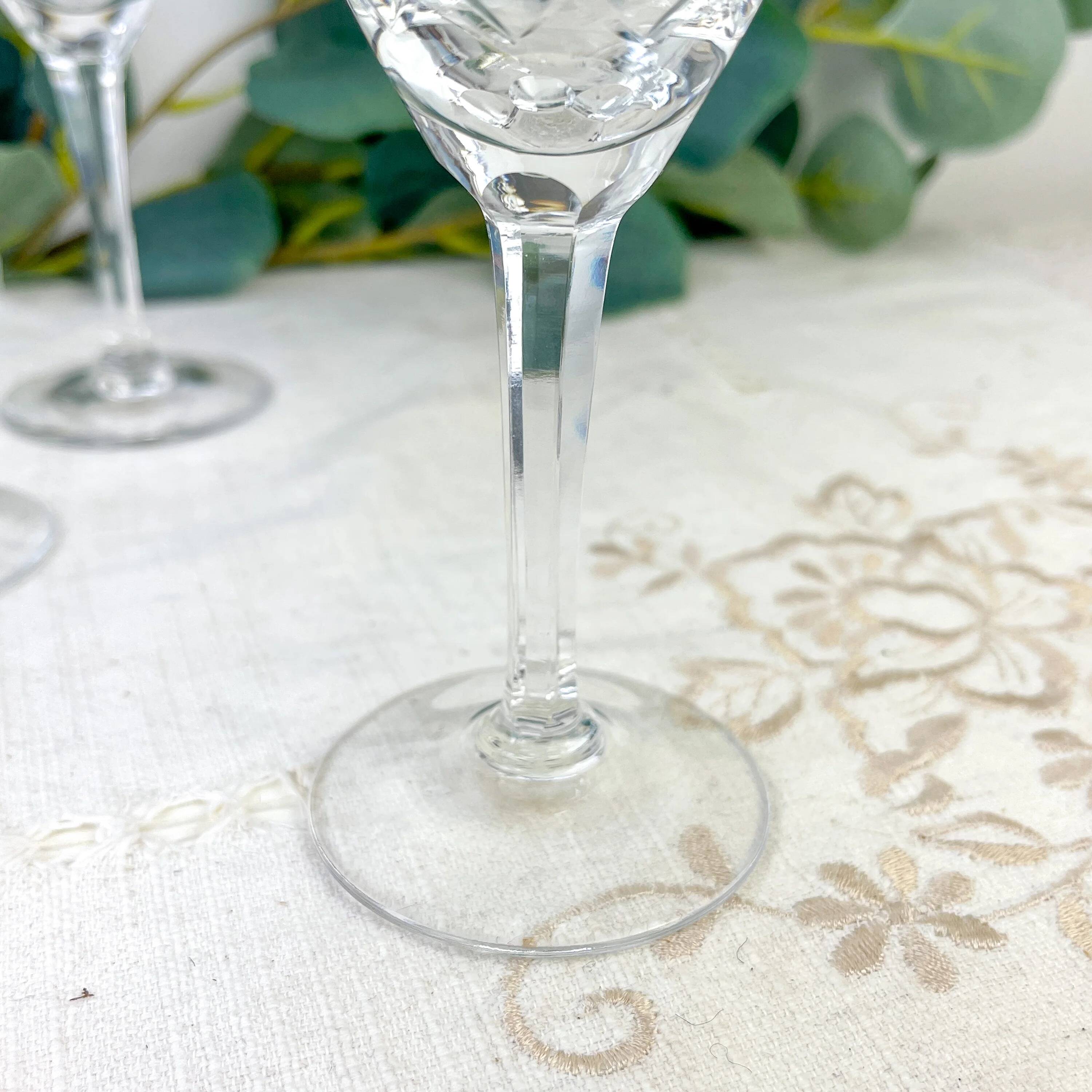 4 vintage cut crystal water glasses – Lorraine Lemberg Glassworks with original label (1950s–1970s)