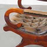 Green Vintage English Chesterfield Armchair with Wood Accents