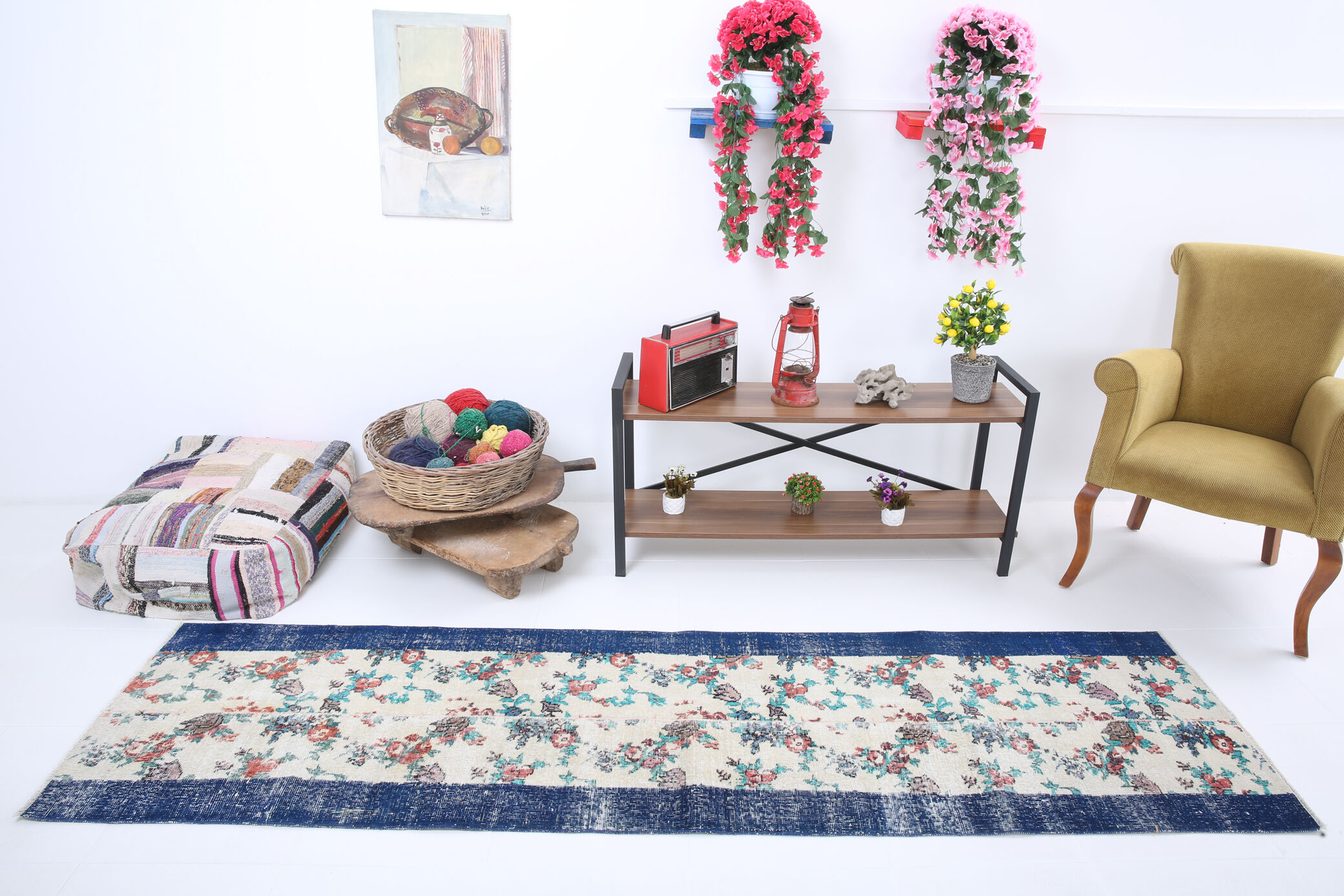 Blue floral vintage runner rug 275x74cm