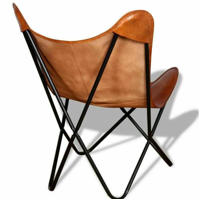 Handmade leather butterfly chair, modern lounge seating.