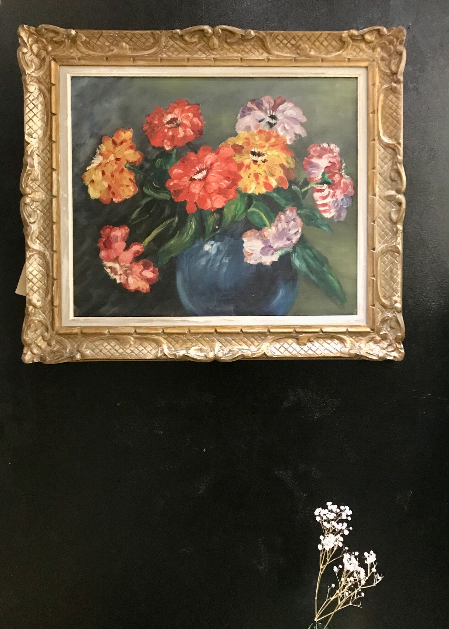 Huile ancienne sur toile bouquet de fleurs Zinnias