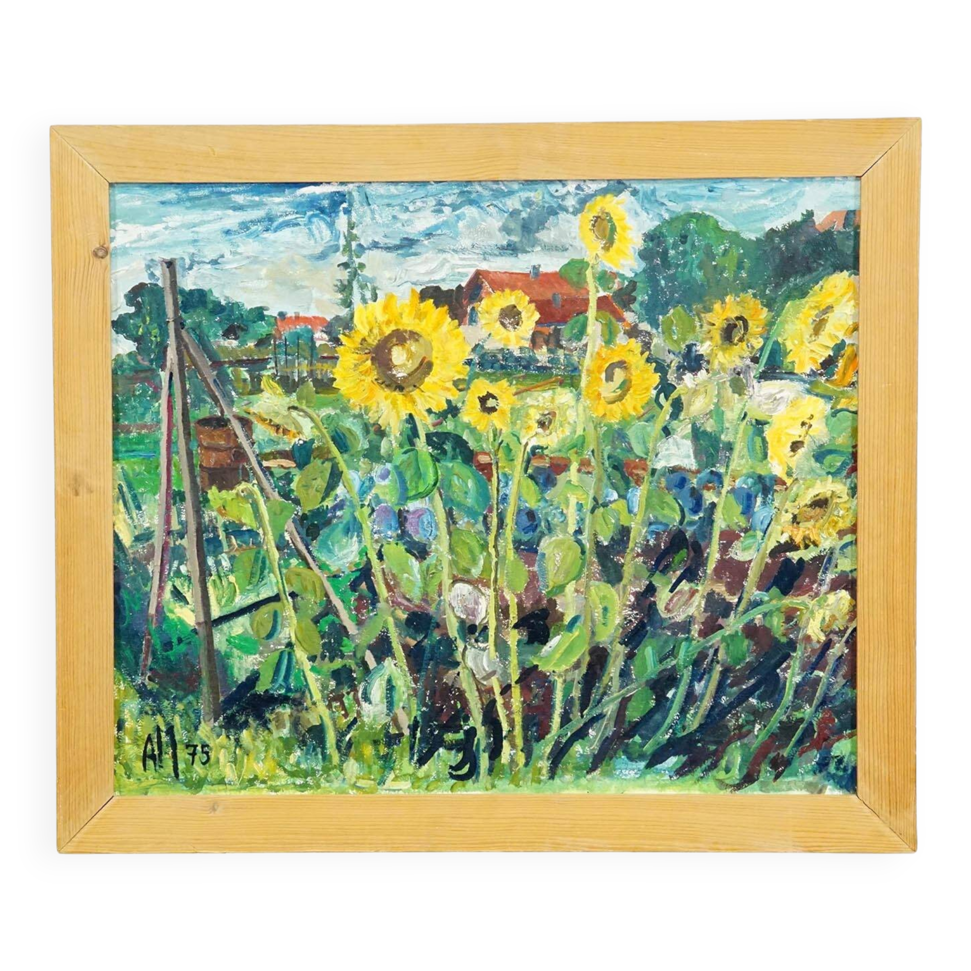 Oil painting by Alexander Michael depicting a lively sunflower field, 1975.