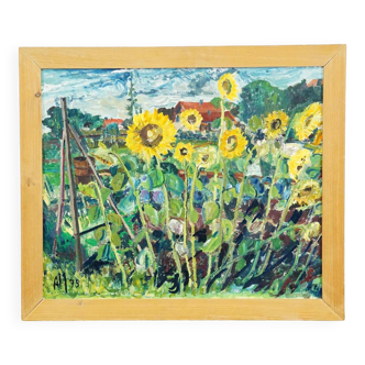 Oil painting by Alexander Michael depicting a lively sunflower field, 1975.