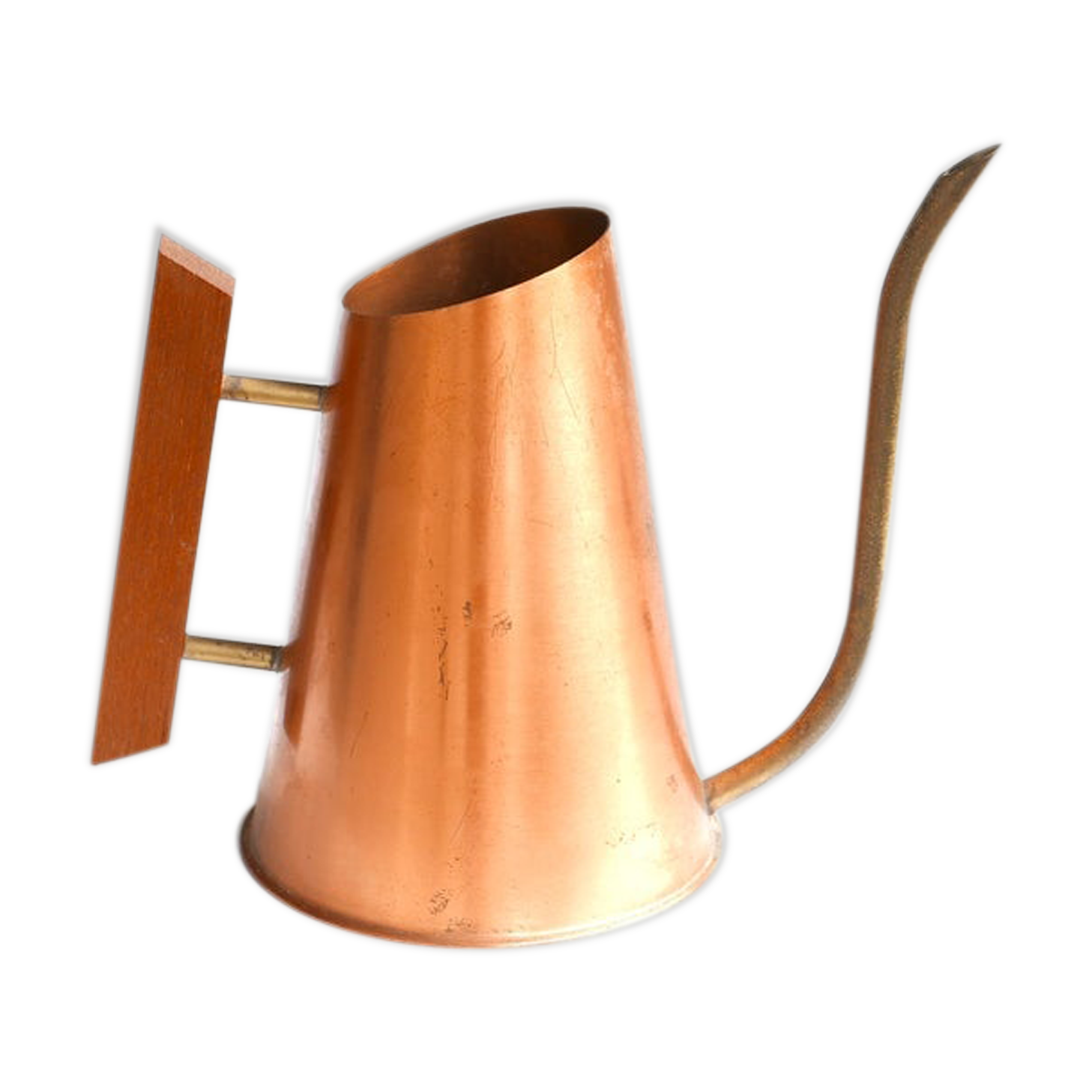 Modernist copper watering can, wooden handle, 1950s