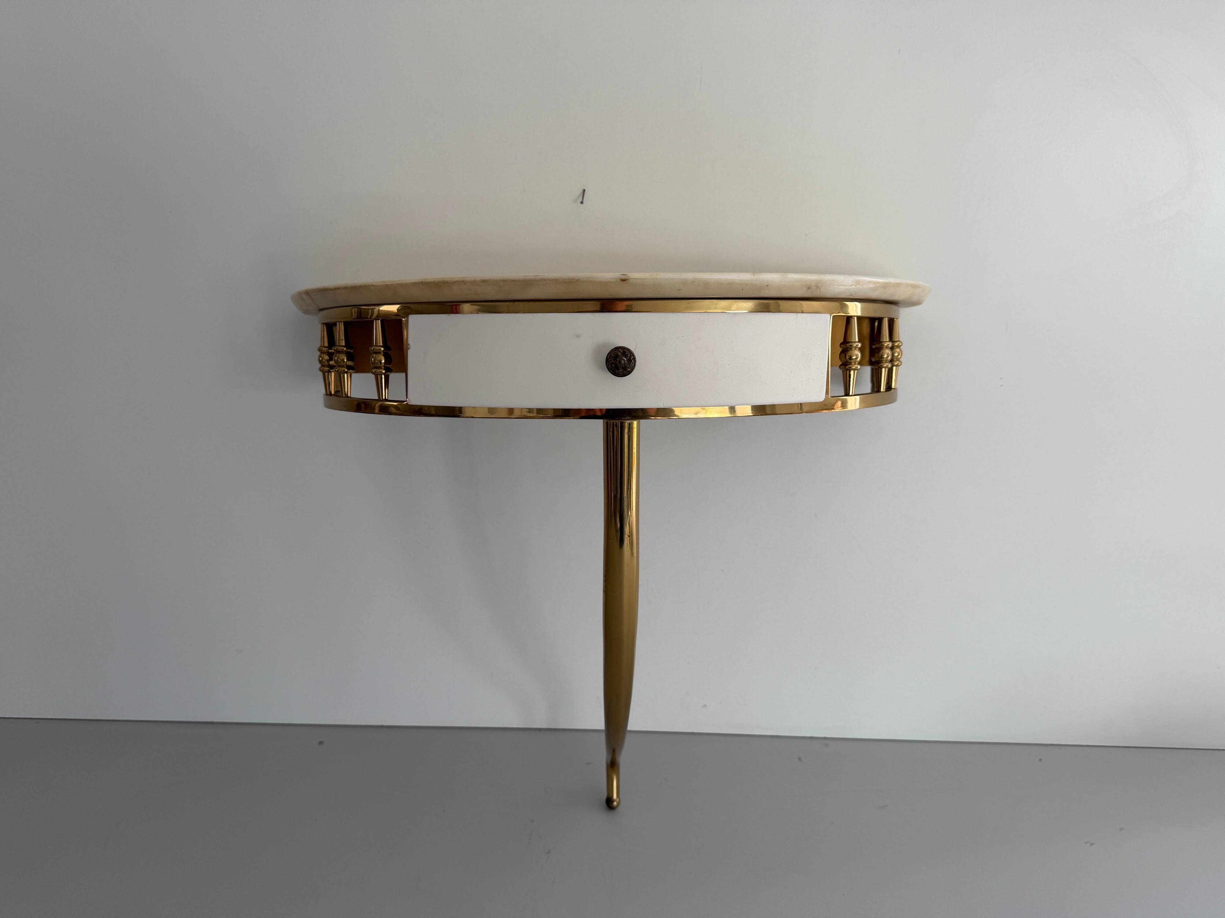 Floating wall console with drawer, brass body and marble top, 1960s, Italy