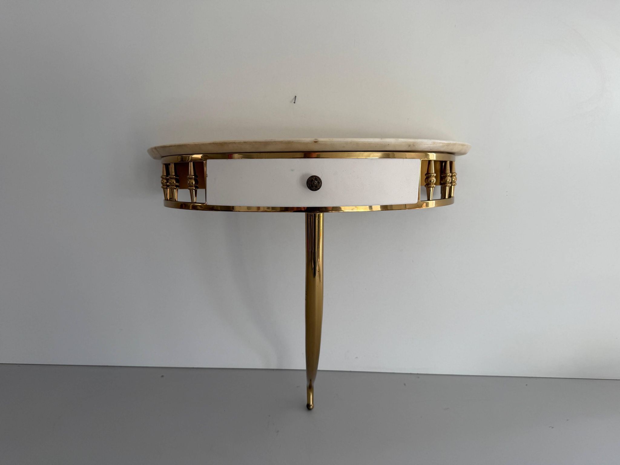 Floating wall console with drawer, brass body and marble top, 1960s, Italy