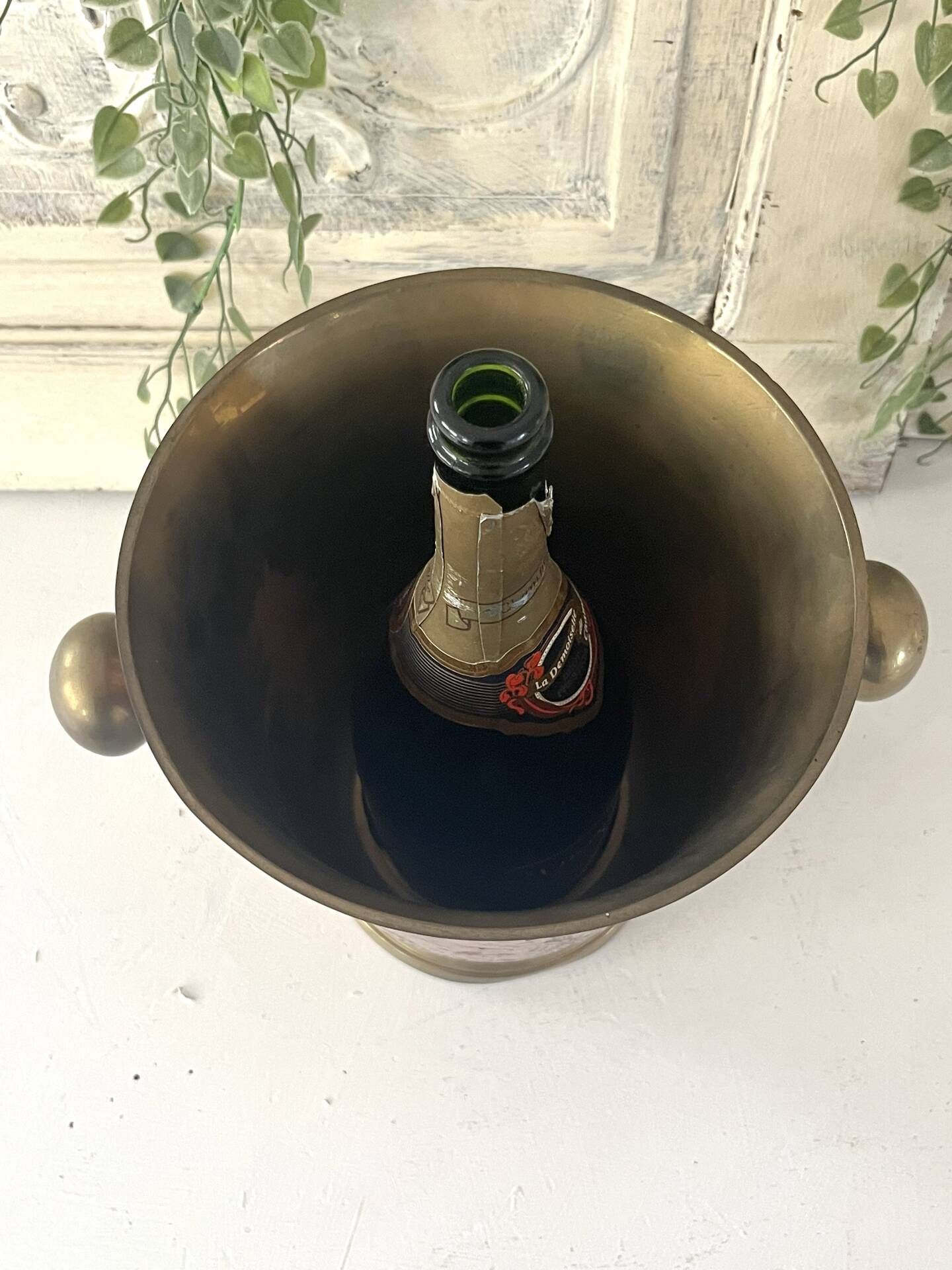 Ice Bucket, Enamel Red and Gold French Brass Champagne Cooler, Vintage