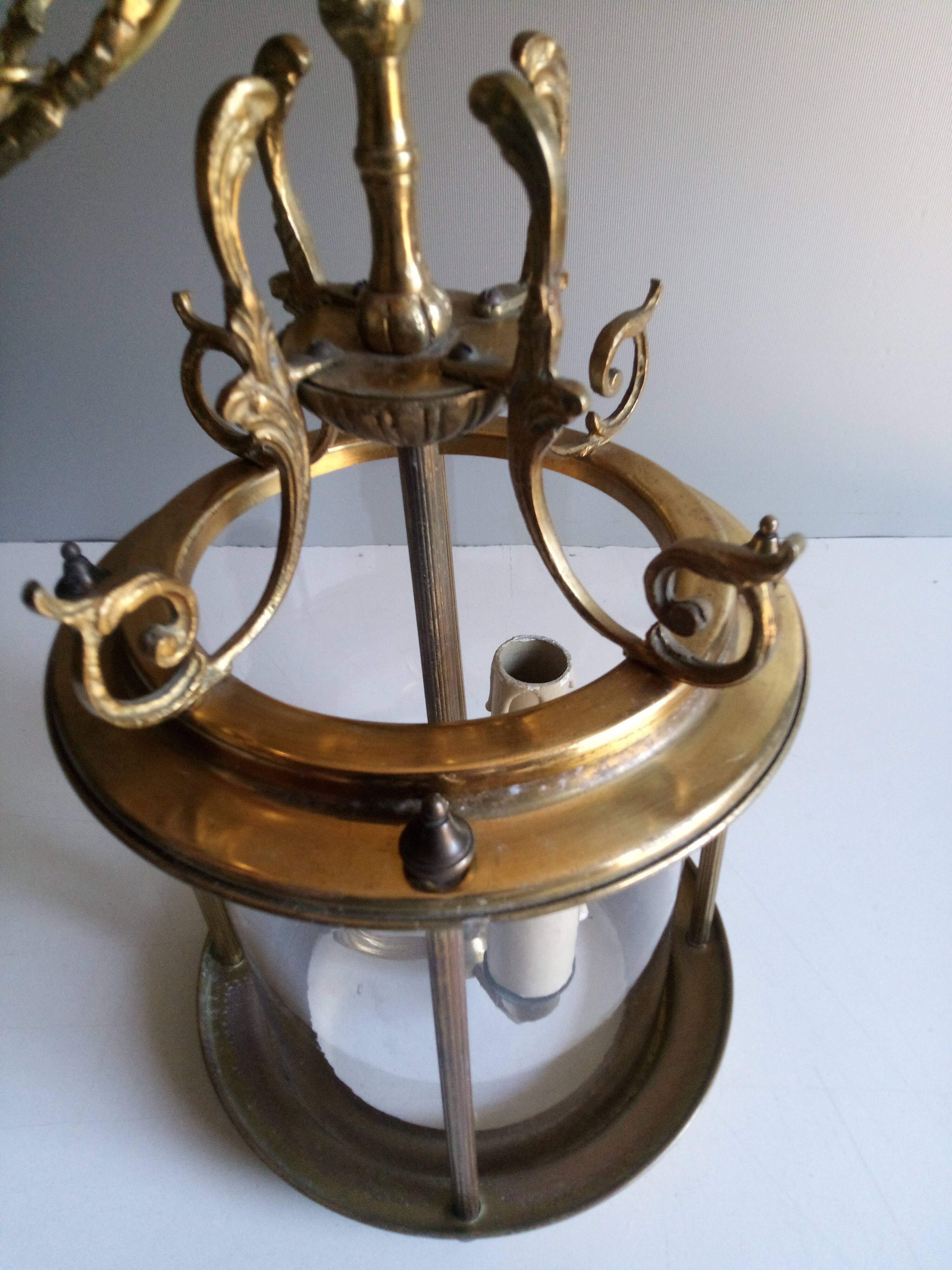Antique entrance hall lantern - 3 lights - brass & convex glass