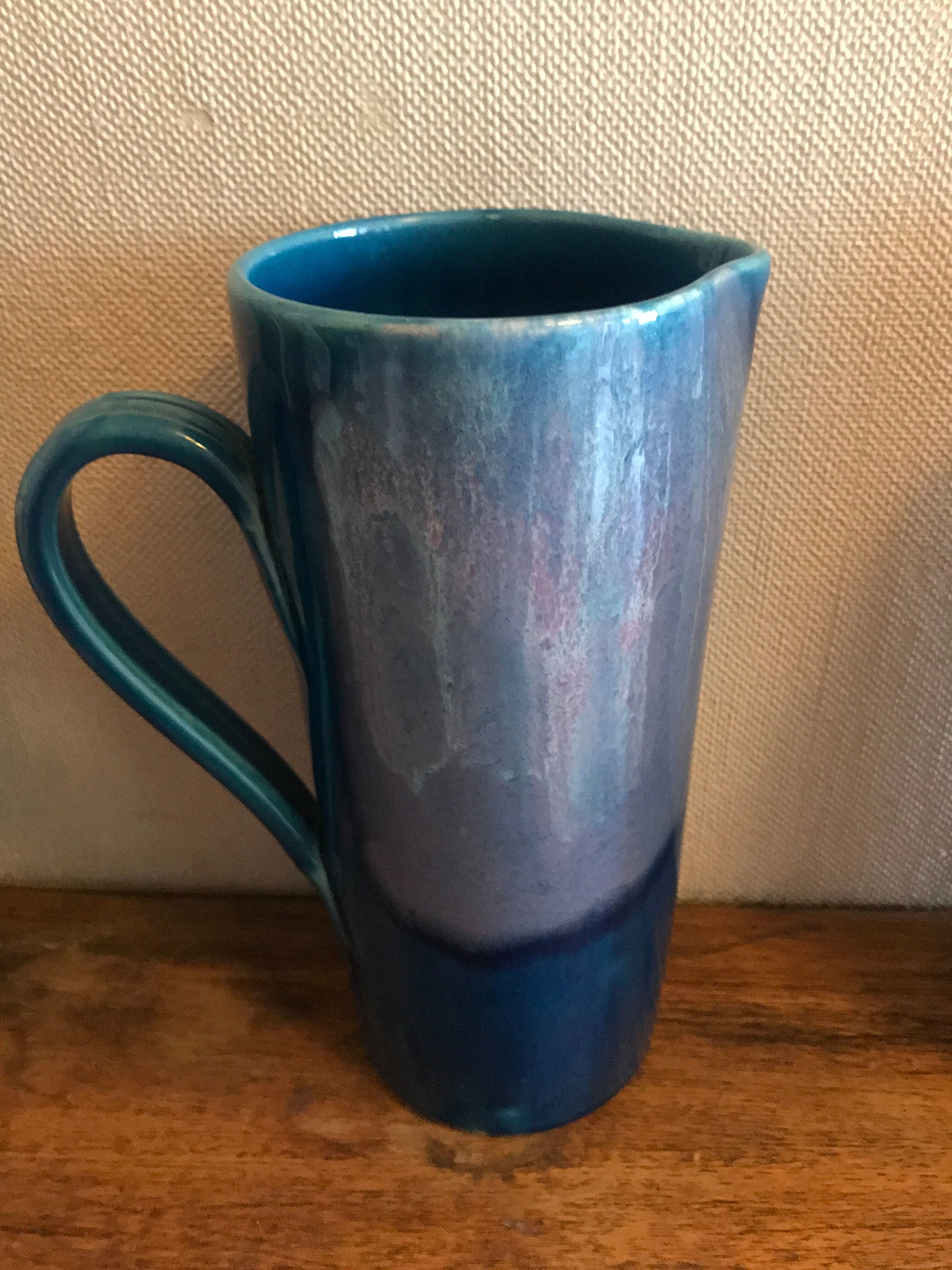 Blue enamelled pitcher Vallauris