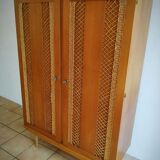 Armoire chêne et rotin tressé 60's