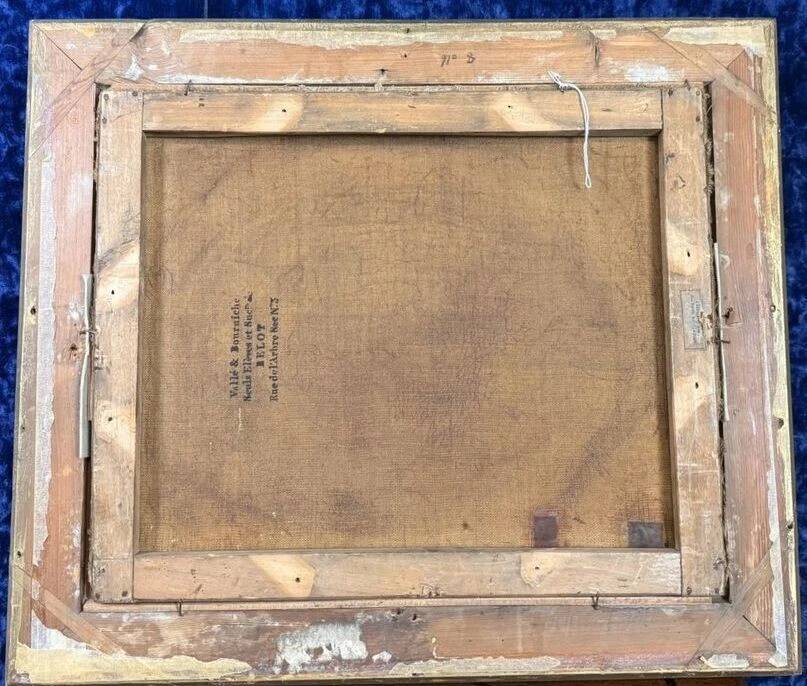 19th century oil painting on canvas: The spinner and the soldier