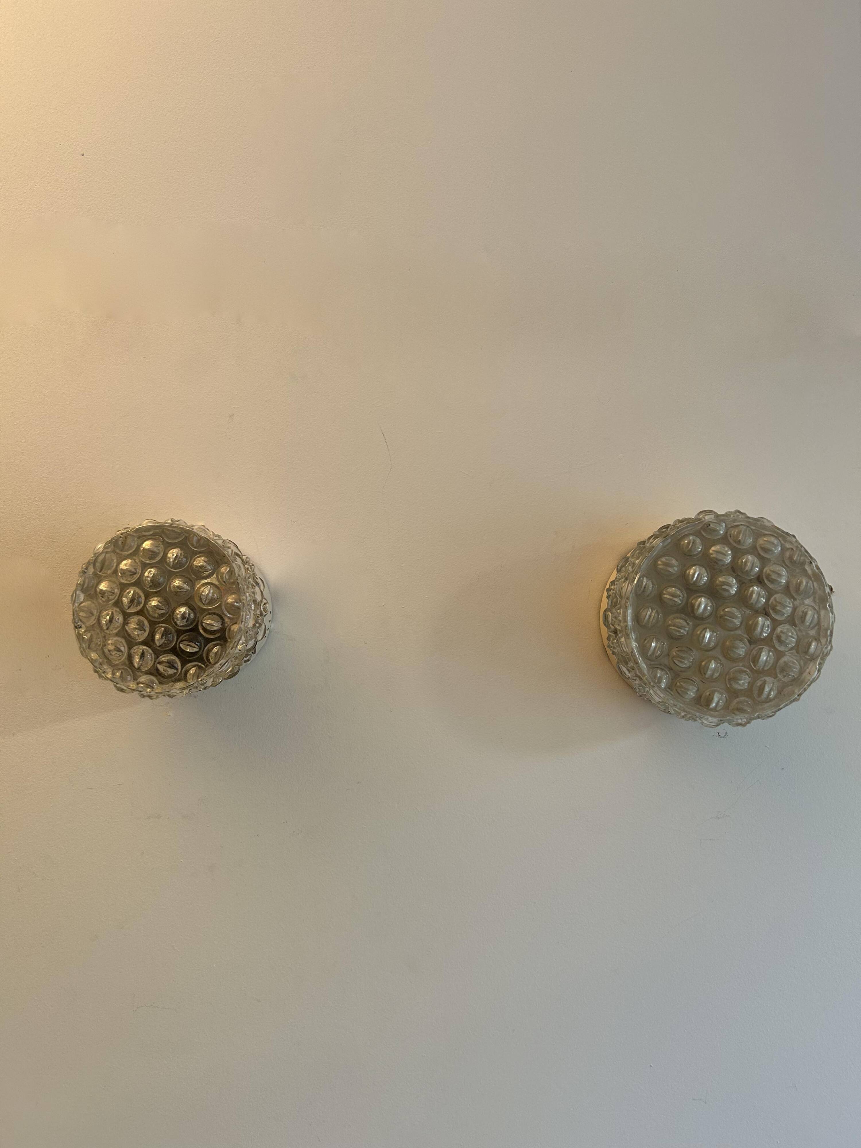Pair of vintage wall lights, pressed molded glass, France 1960s