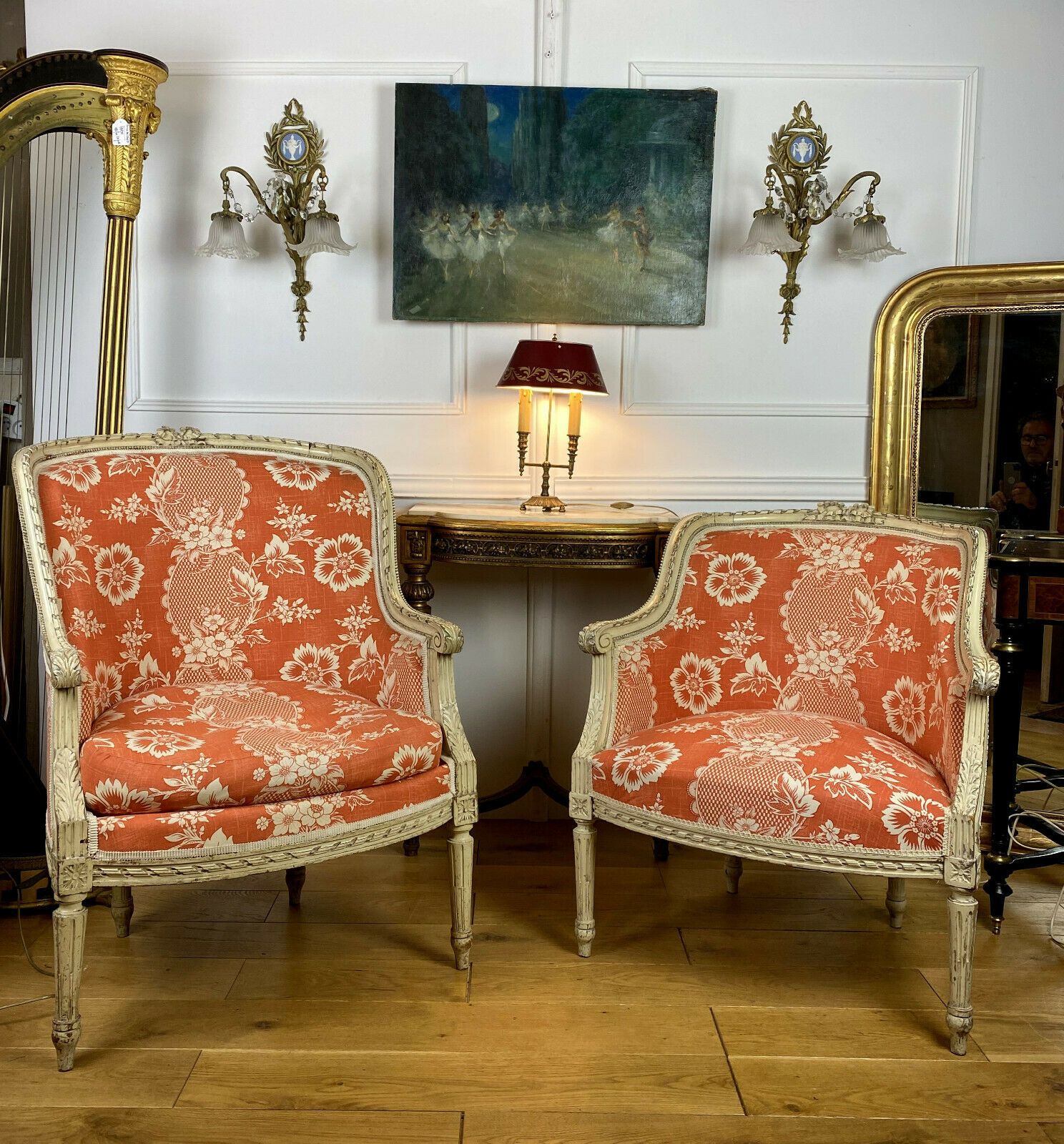 Two shepherdesses in moulded wood and carved Louis XVI style