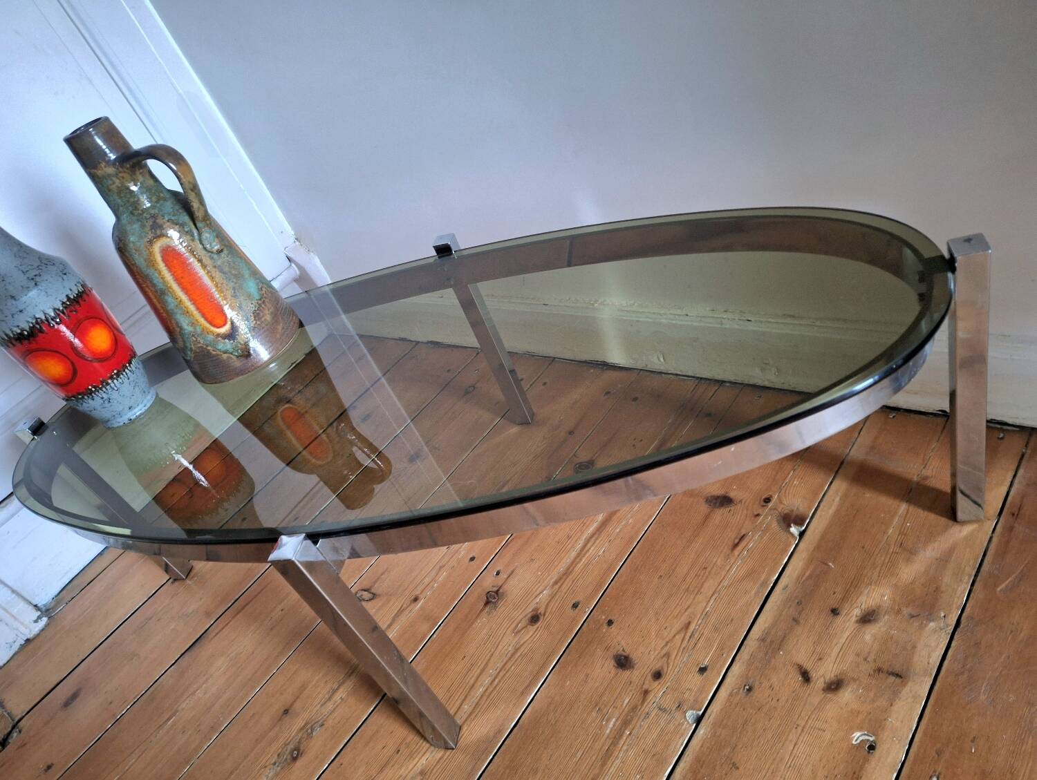 Vintage oval chrome and smoked glass coffee table, antique furniture