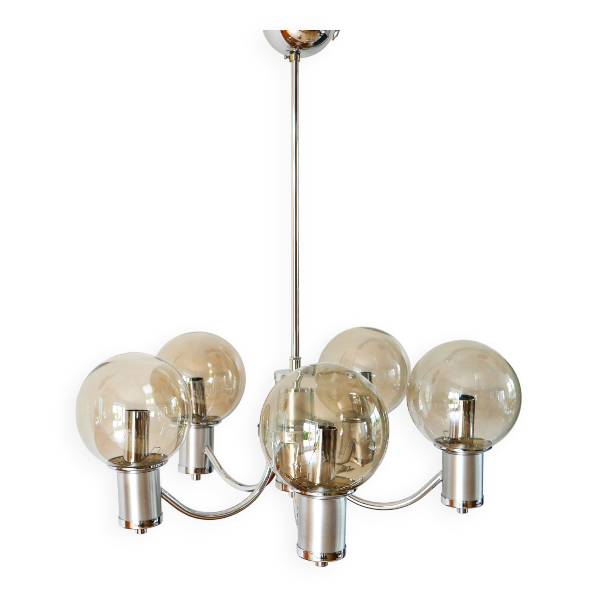 Five-branched chandelier, in chrome and smoked glass globes, Design, 1970