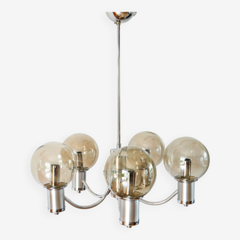 Five-branched chandelier, in chrome and smoked glass globes, Design, 1970