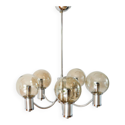 Lustre cinq branches, en chrome et globes en verre fumé, Design, 1970