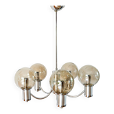 Five-branched chandelier, in chrome and smoked glass globes, Design, 1970