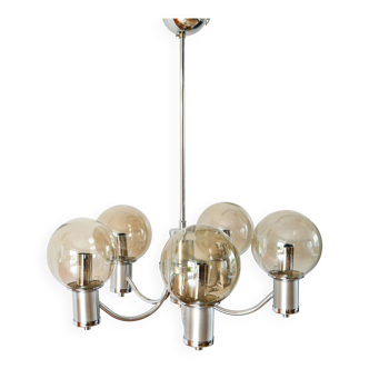 Five-branched chandelier, in chrome and smoked glass globes, Design, 1970