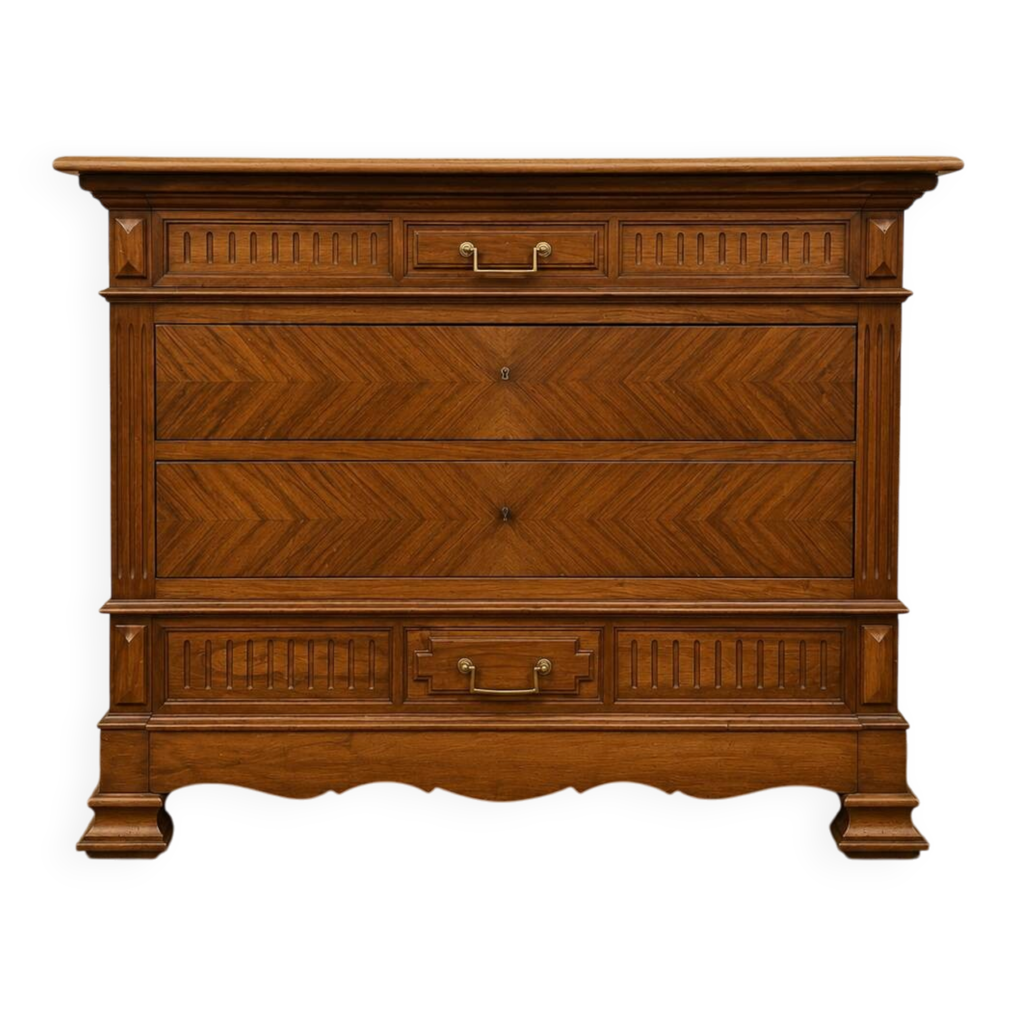 Louis XVI style walnut commode – Marble top – Chevron front