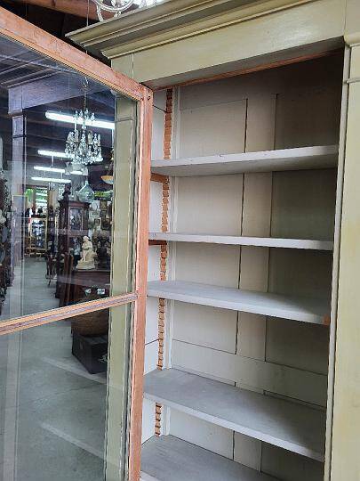 Magnificent pair of green painted fir bookcase display cabinet early 20th century