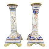 Candlesticks, square base, 19th century, Fourmaintraux, Desvres, flower decoration, scrolls, lambrequins, trellis