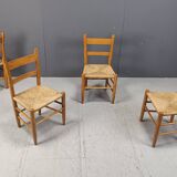 Mid century oak and wicker dining chairs, set of 4