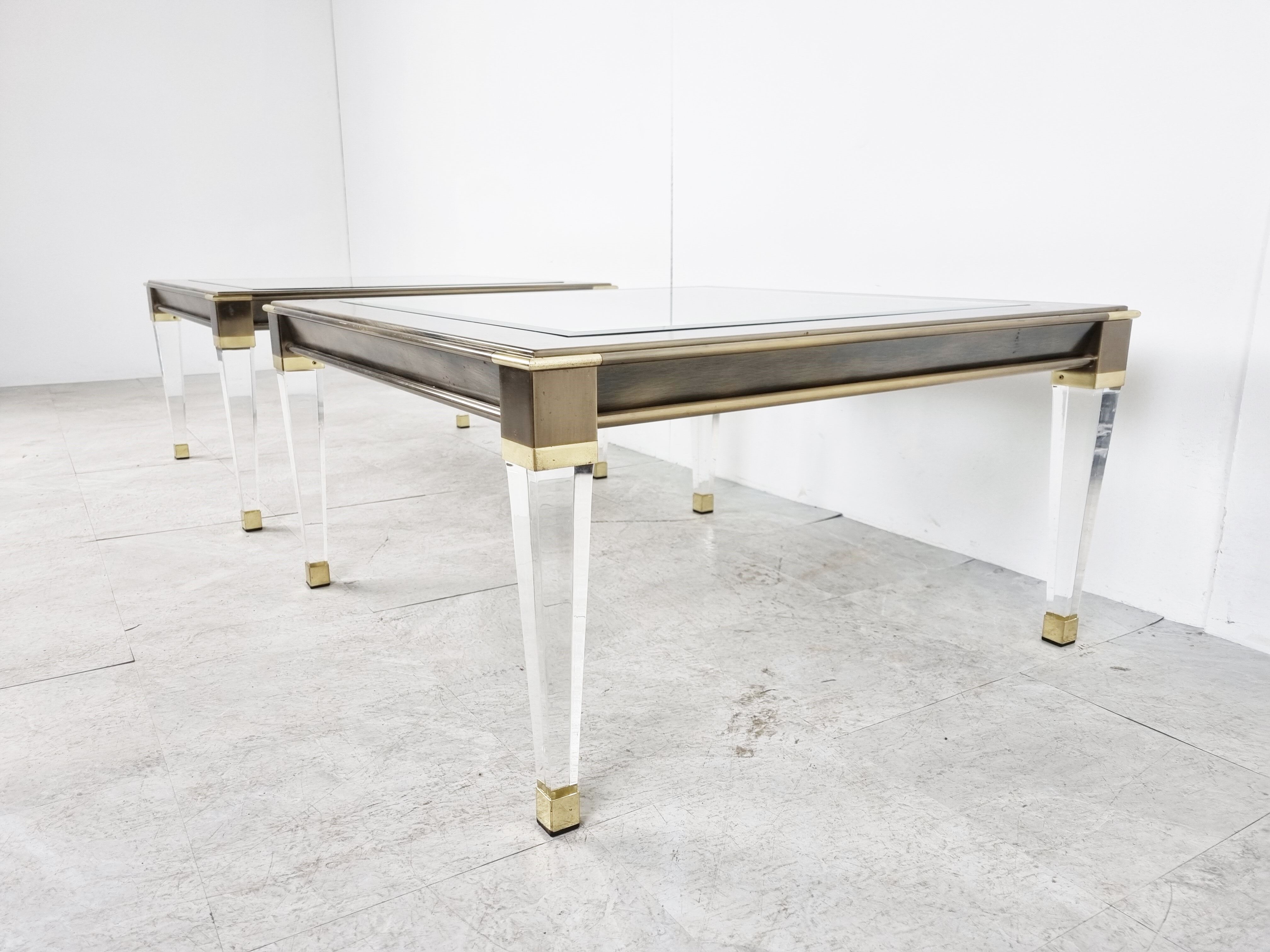 Vintage lucite and brass side tables, 1980s