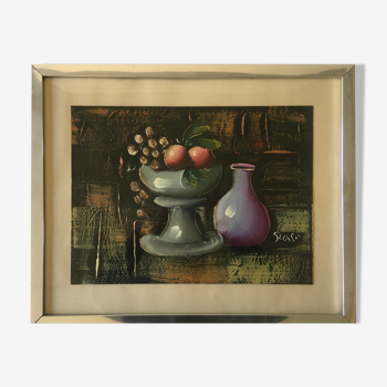 Still life oil on cardboard fruit compote