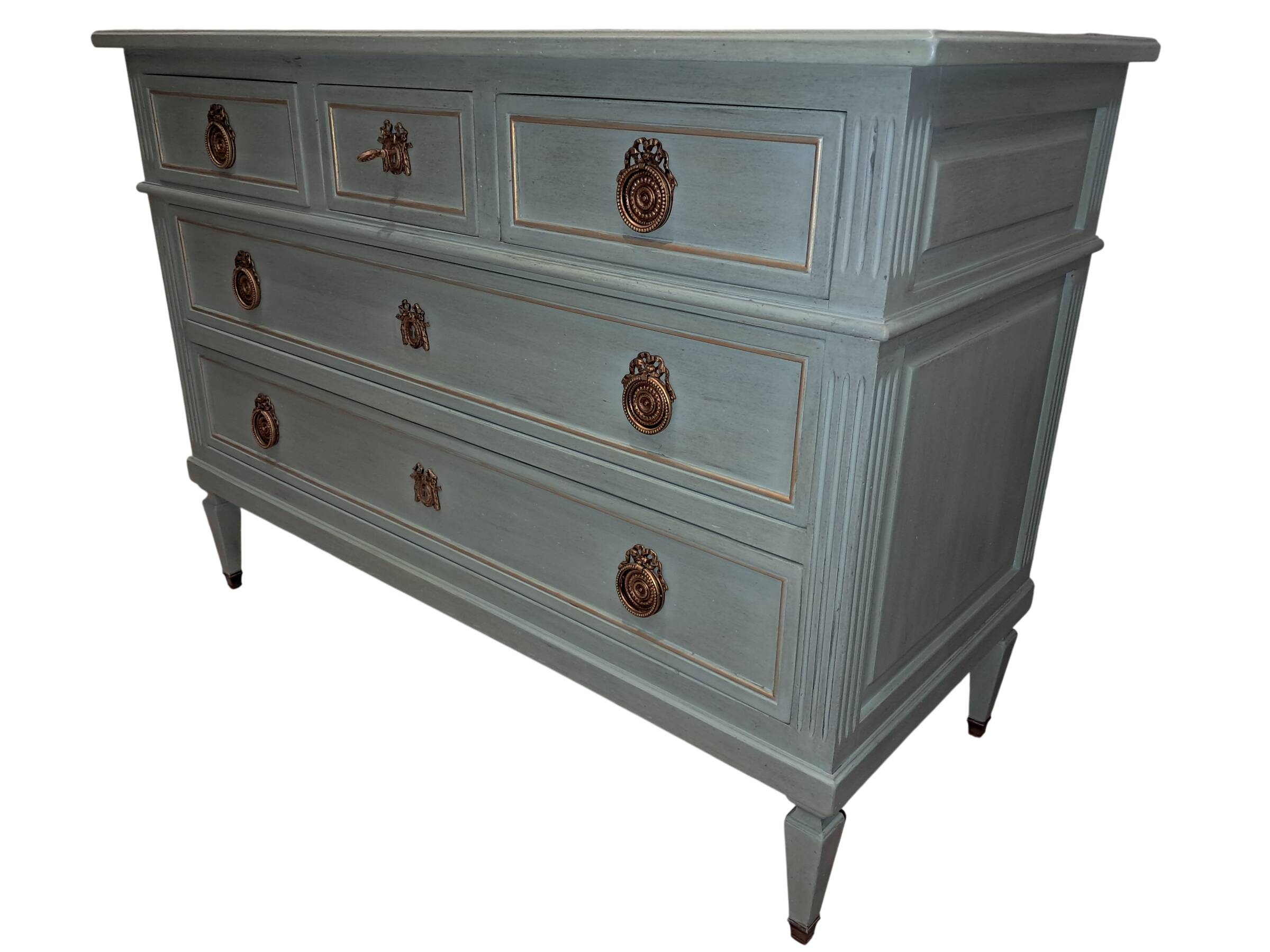 Commode ancienne patinée verre d'eau et or vieilli style Louis XVI.