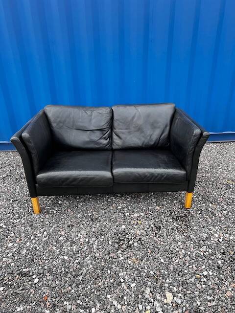 Danish vintage 2 seater black leather sofa 1970s