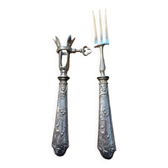 Leg tongs and fork in silver and metal art-nouveau period
