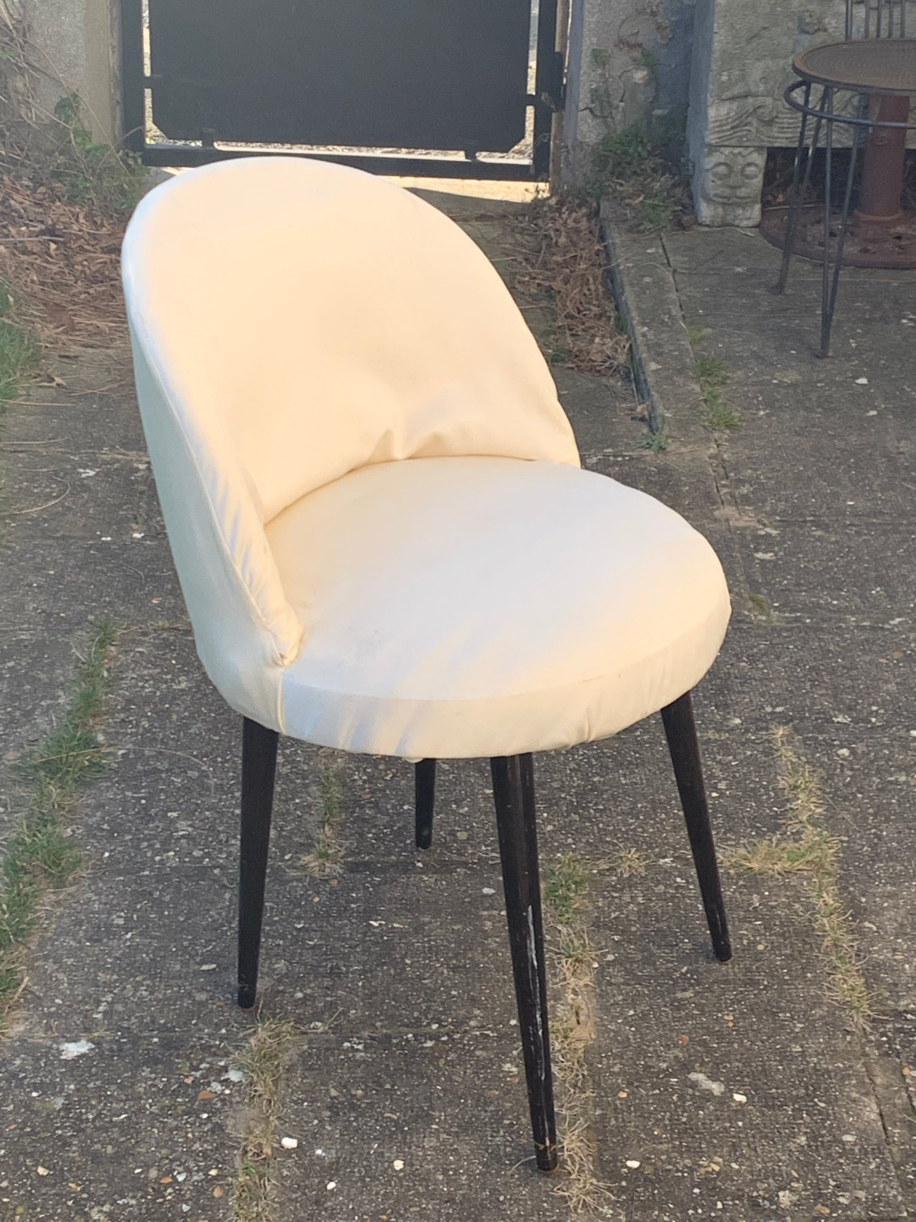 Vintage 1950s white satin armchair with compass legs