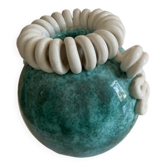 Sainte-radegonde earthenware factory (20th century) green and white enamelled speckled earthenware ball vase