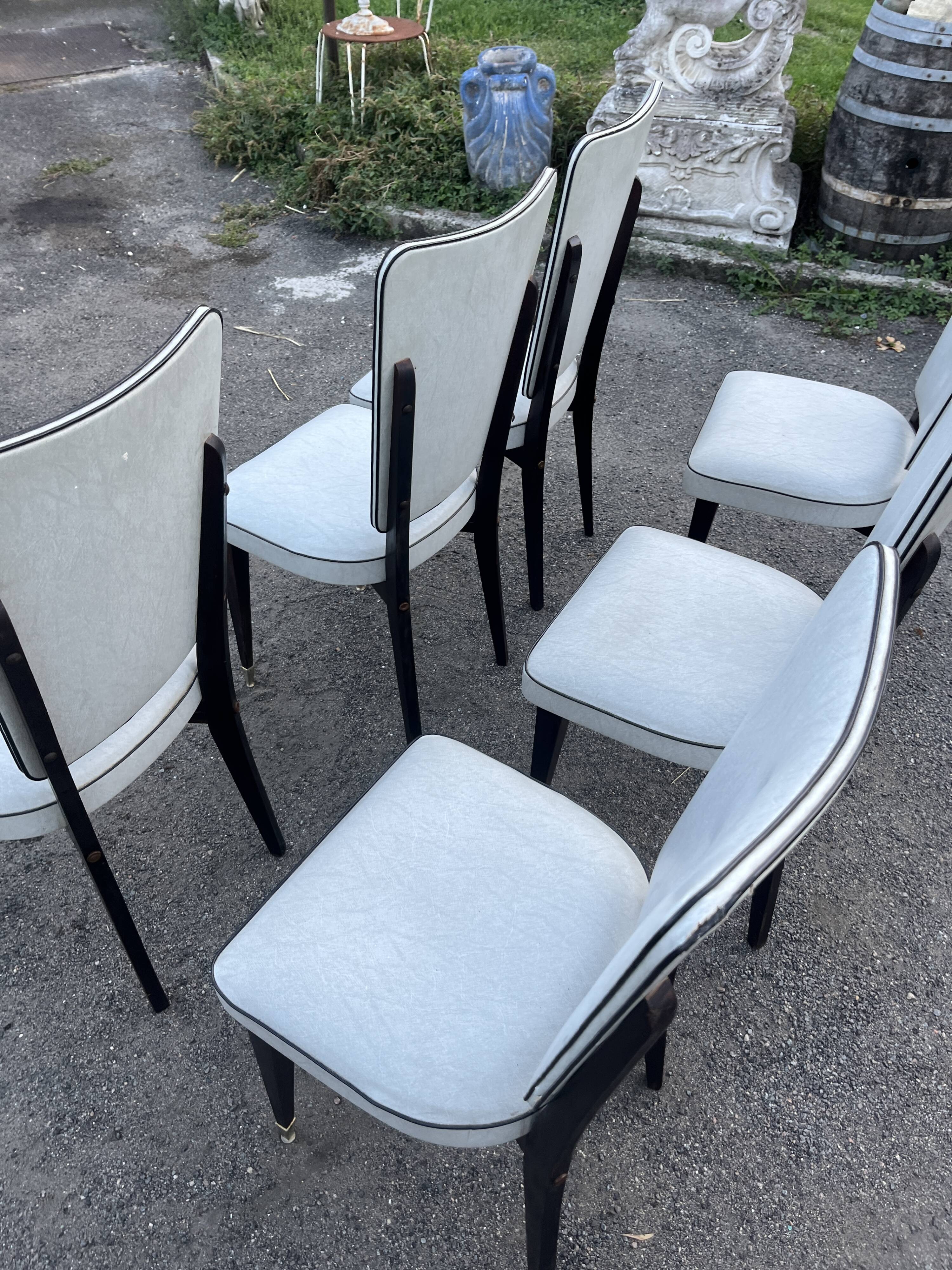 Set of 6 vintage chairs from the 50s-60s – Blue faux leather – Tapered legs