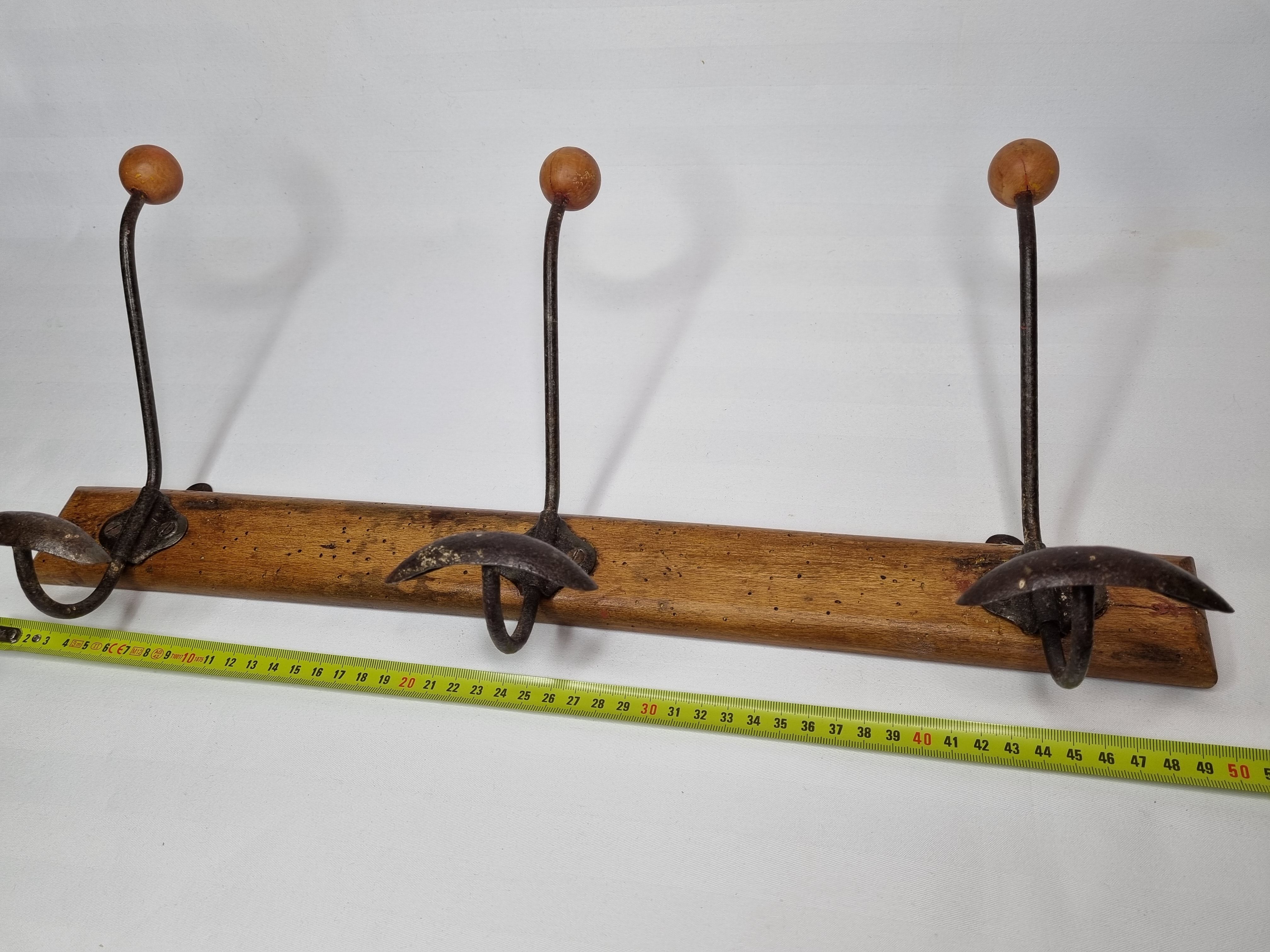 Old wall coat rack "bistrot" 1900, three hooks, 50 cm