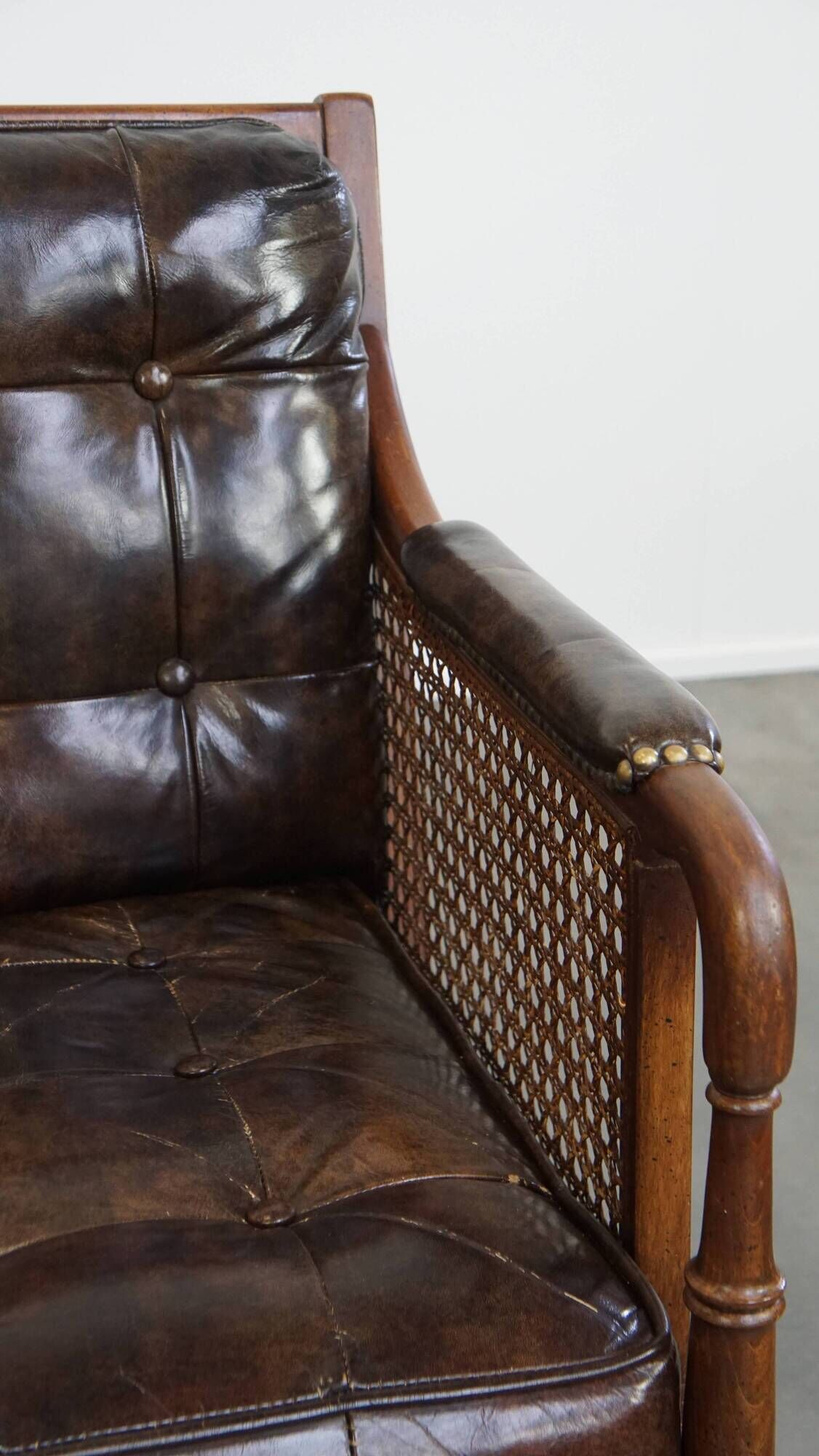 Vintage 1970s Design Armchair Made of Wood, Leather, and Webbing