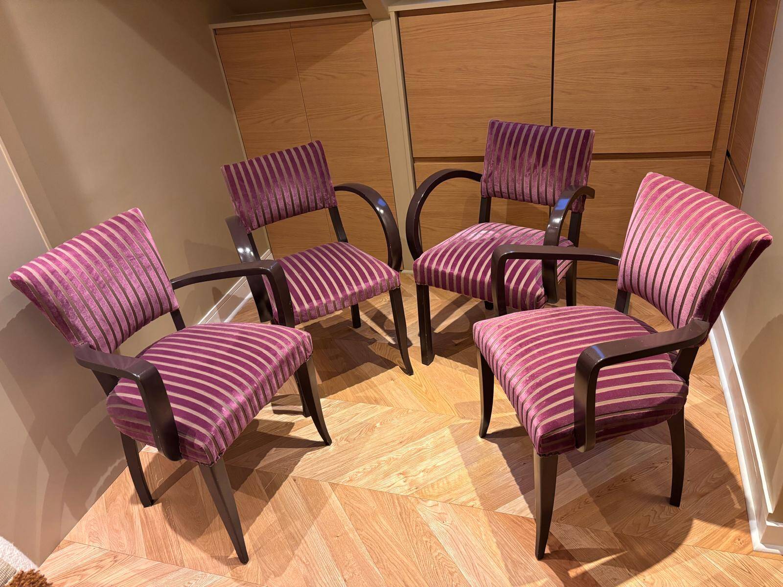 4 bridge chairs covered in Pierre Frey fabric.