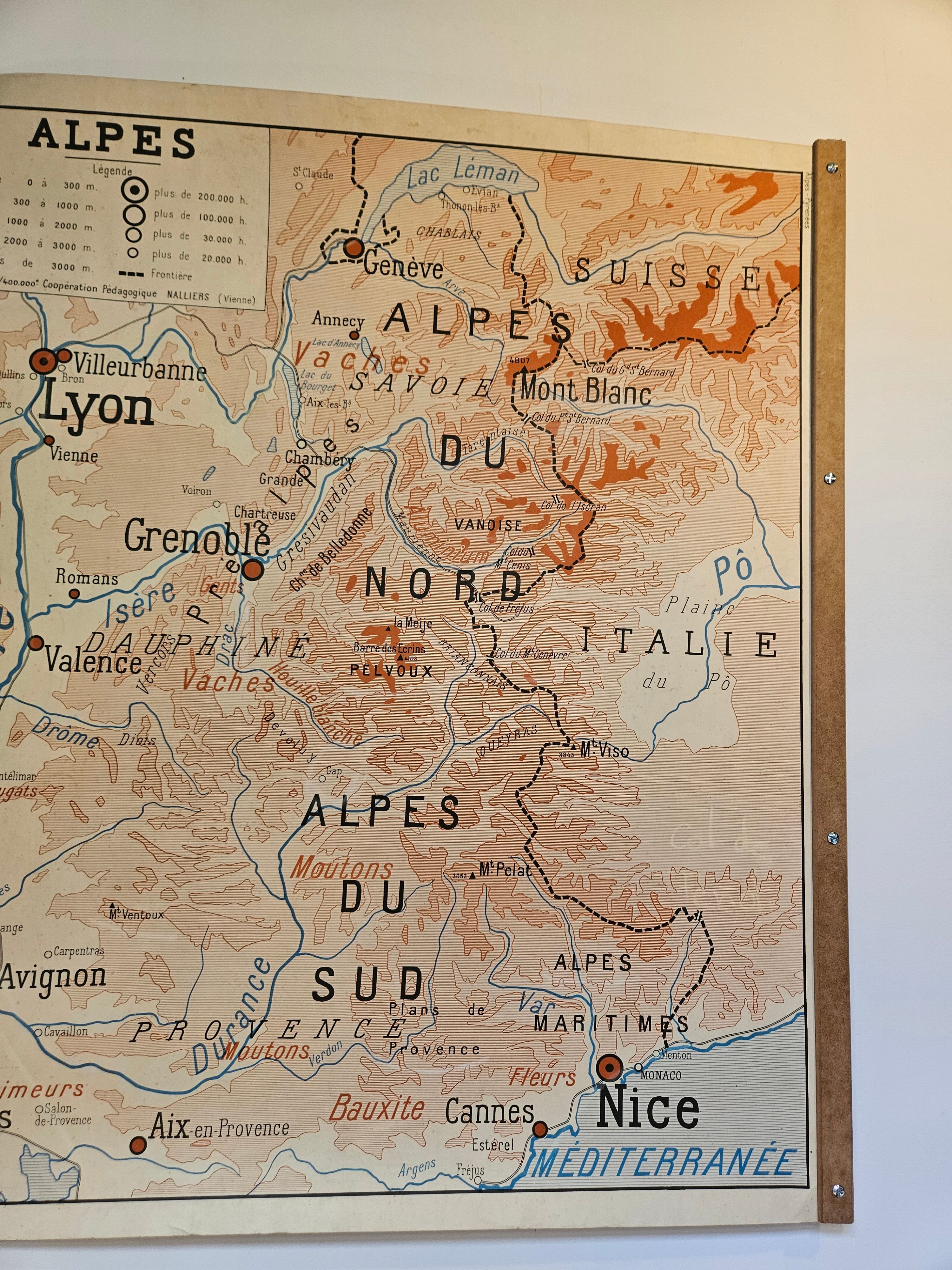 Old school map of geography 1960 Pyrenees and the Alps