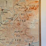 Old school map of geography 1960 Pyrenees and the Alps