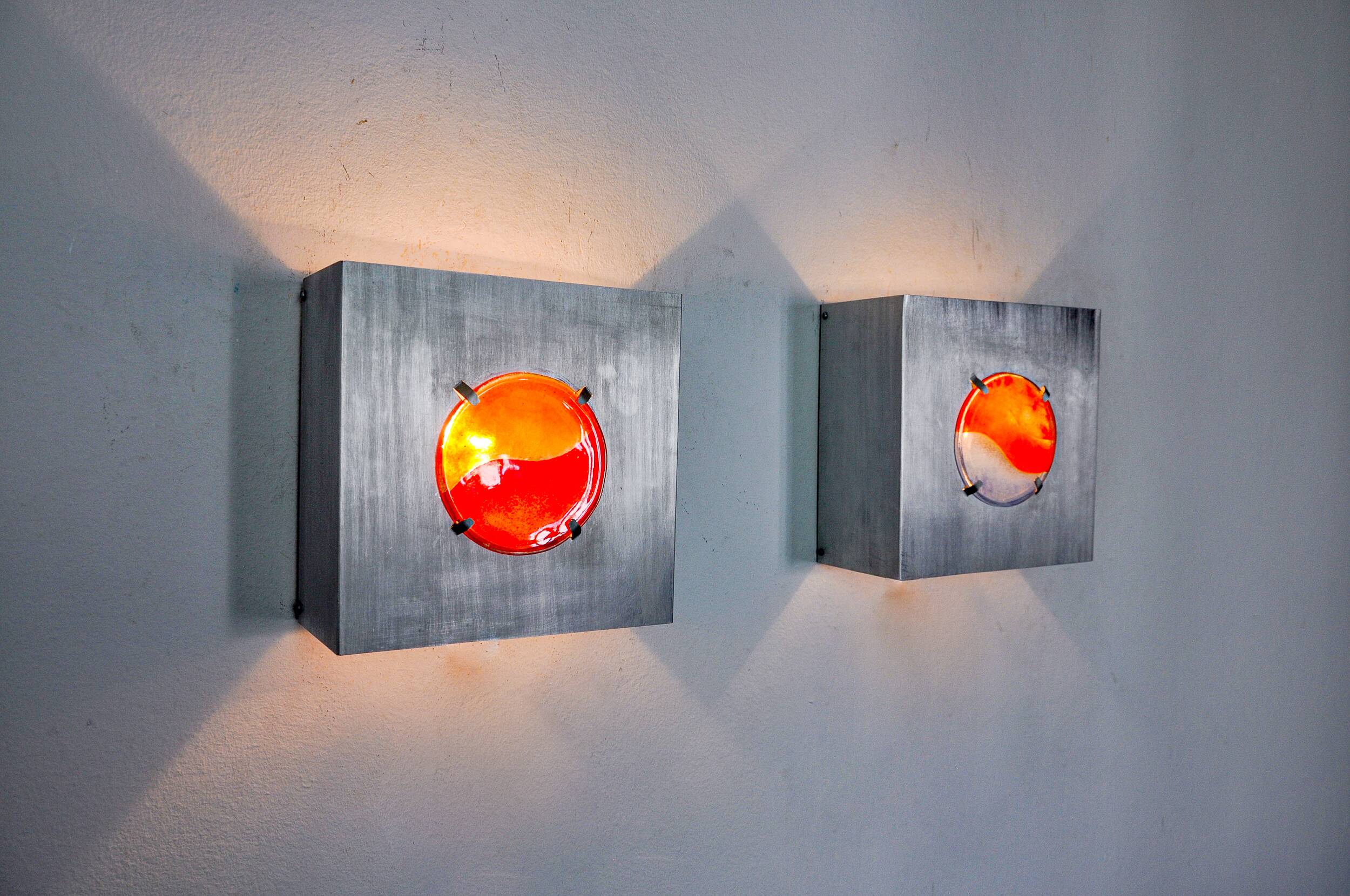 Pair of space-age wall lights, "fusing" glass, Germany, 1970