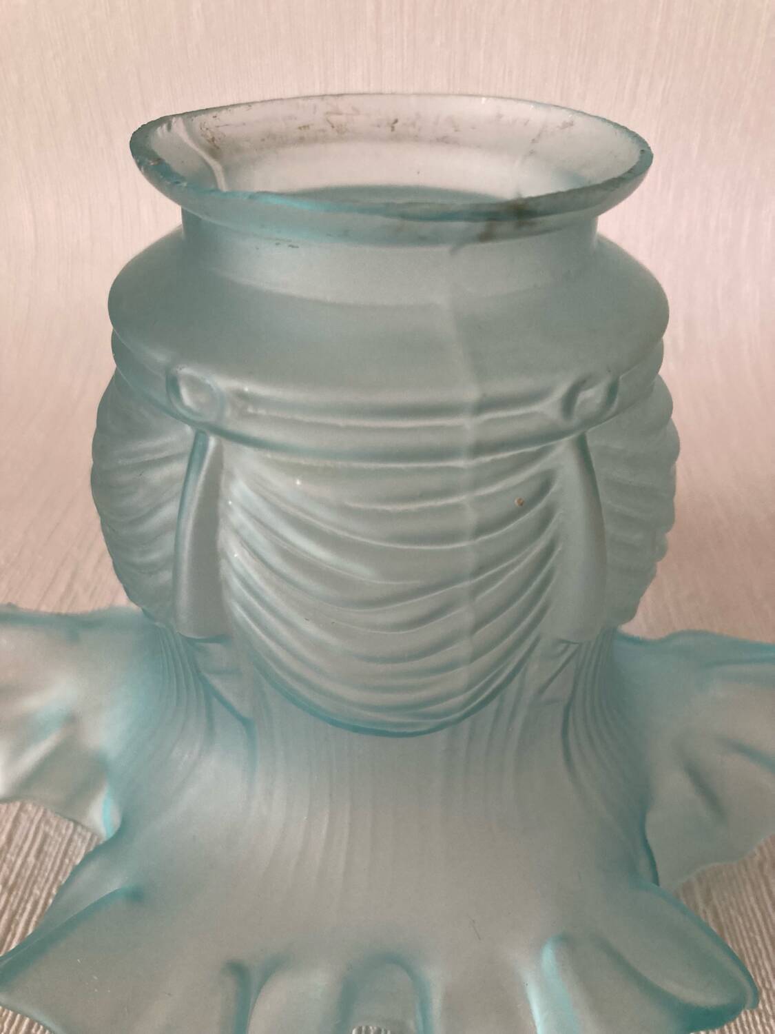 Antique tulip lampshade in blue frosted glass with pleated crown