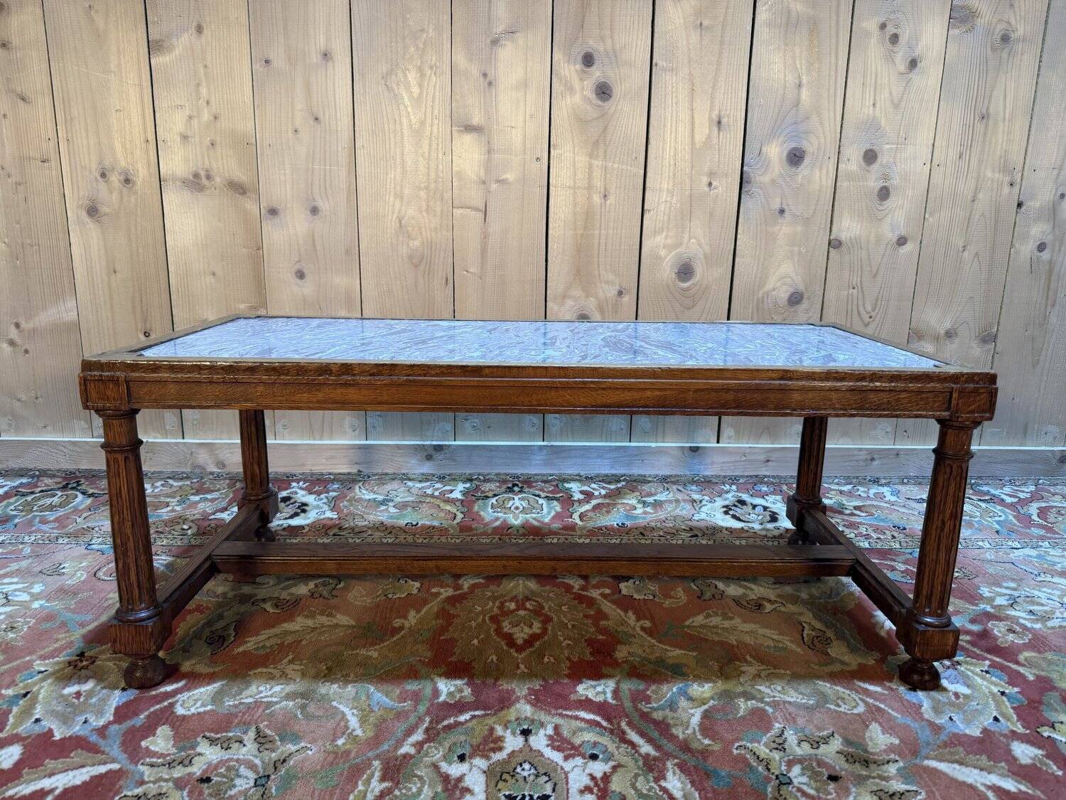 Louis XIII style solid oak coffee table with cross-shaped legs