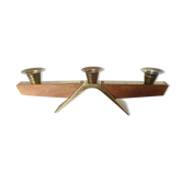 Modernist Scandinavian candle holder in teak and gold metal 60s 70s