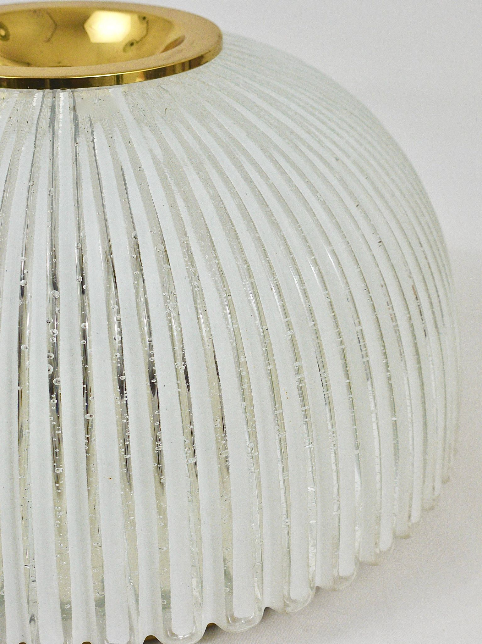 Large striped glass ceiling lamp in brass, Limburg, Germany, 1970s.