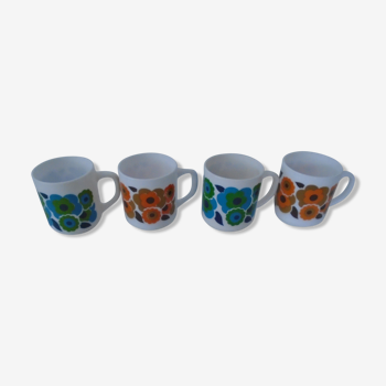 4 mugs fleurs lotus  bleu & orange arcopal vintage