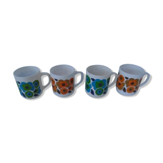 4 mugs fleurs lotus  bleu & orange arcopal vintage