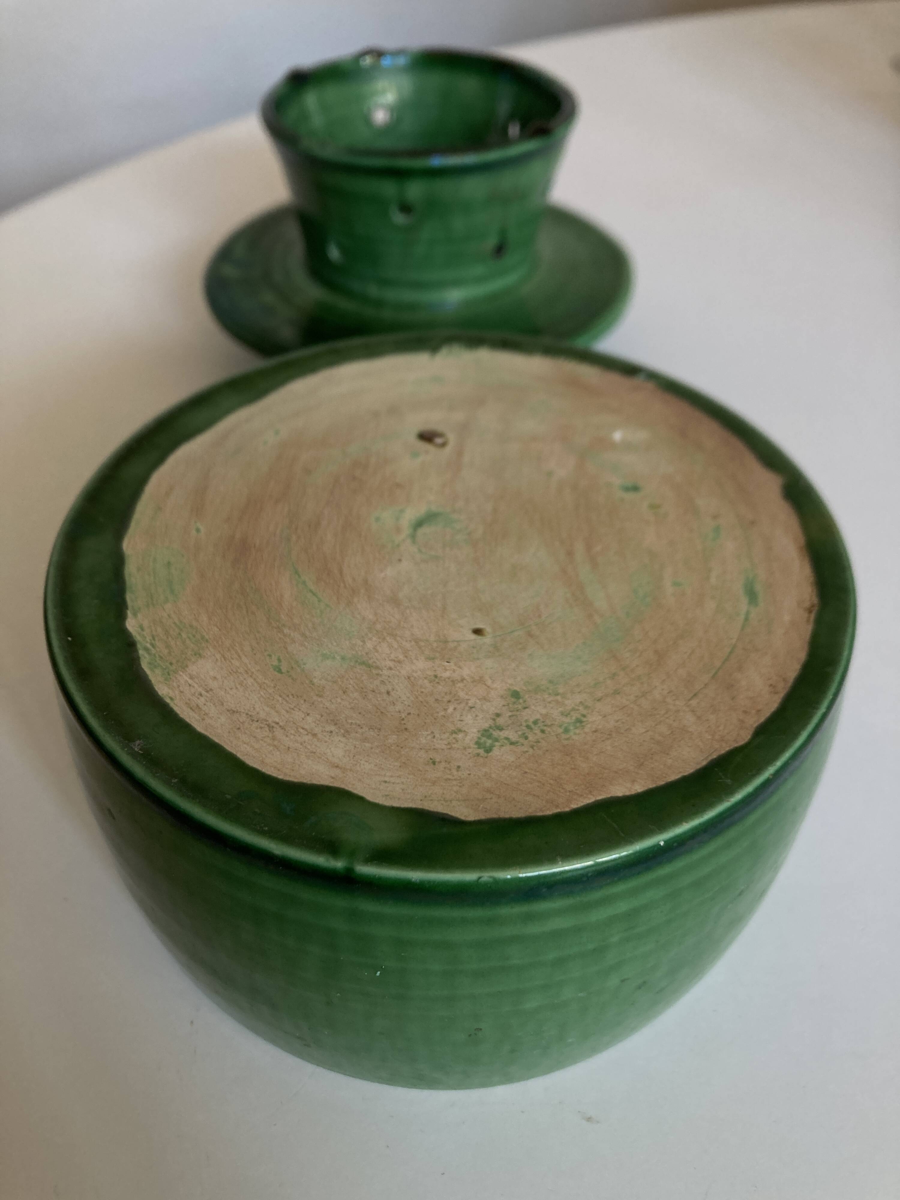 Glazed green earthenware butter dish Foucart Jourdan 1960