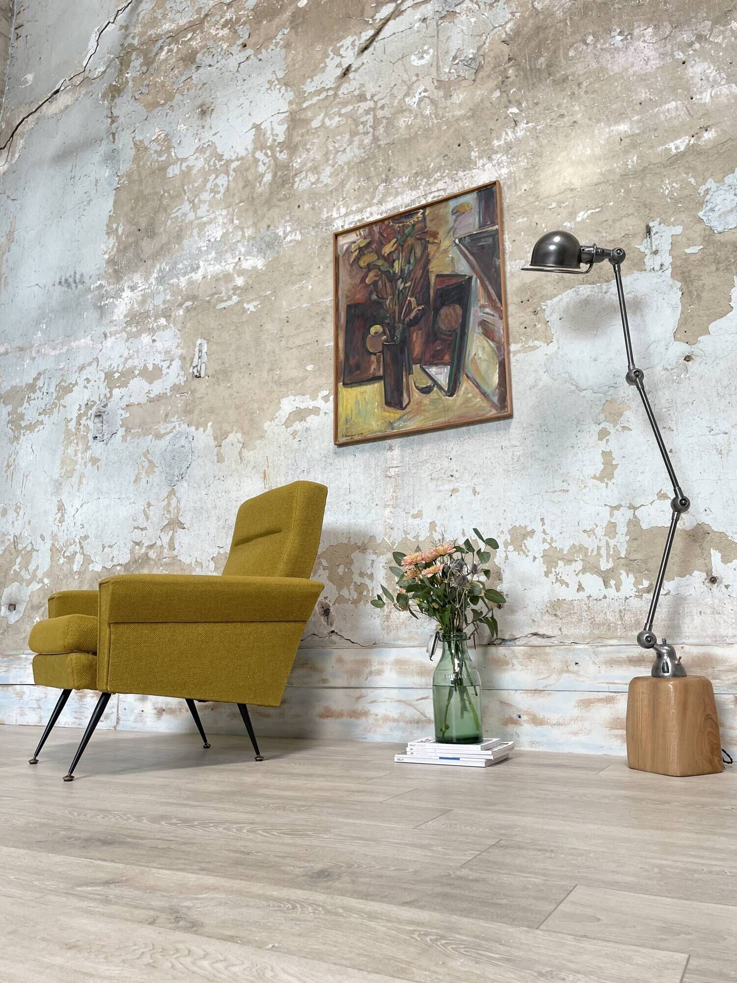 Vintage armchair in fabric and metal compass legs, circa 1950.