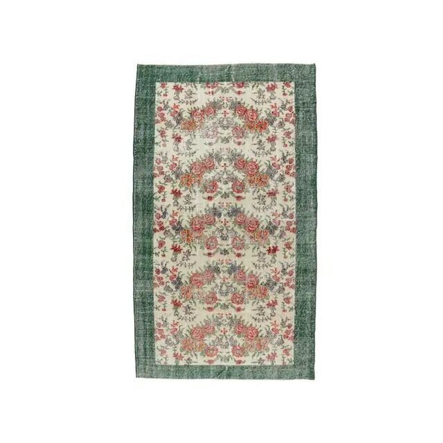 Turkish  Oushak vintage hand-knotted floral green rugs bordered 176x205